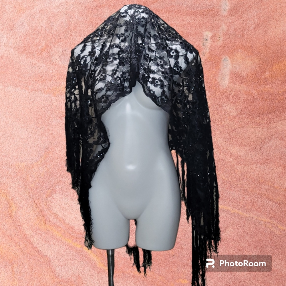 Elegant Black Laced Sequin Shawl with Tassels